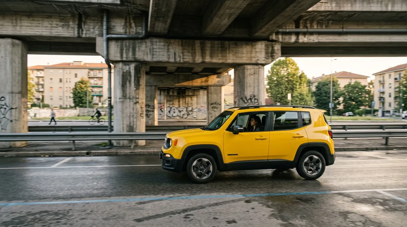Voiture jeep jaune garée sous viaduc béton