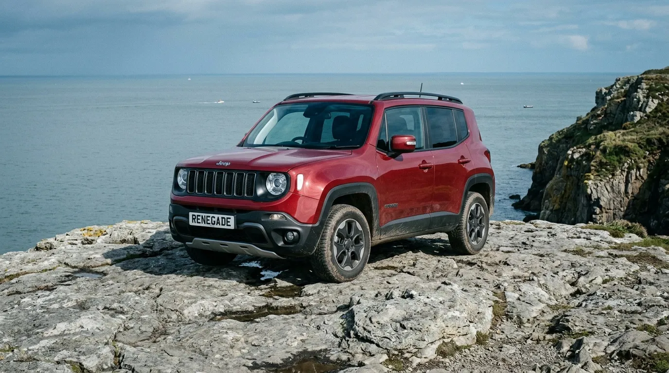 Jeep Renegade rouge sur falaises rocheuses face mer