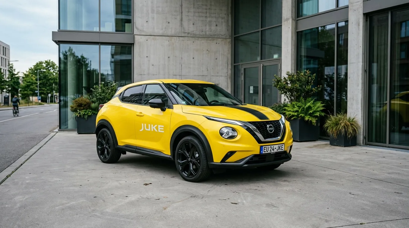 Nissan Juke jaune vif devant bâtiment contemporain