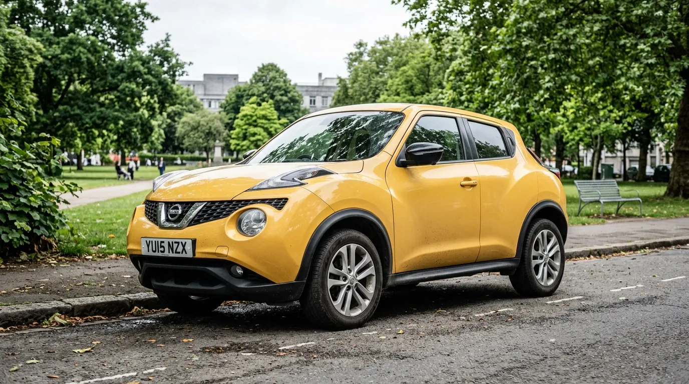 Voiture jaune Nissan Juke garée dans un parc urbain verdoyant