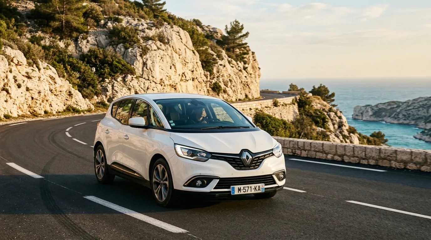 Voiture blanche Renault route sinueuse falaises mer turquoise