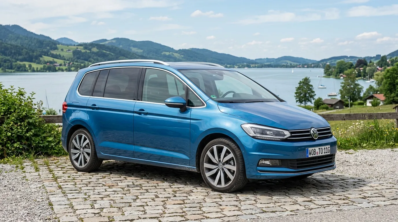 Monospace bleu Volkswagen park&eacute; face &agrave; un lac alpin