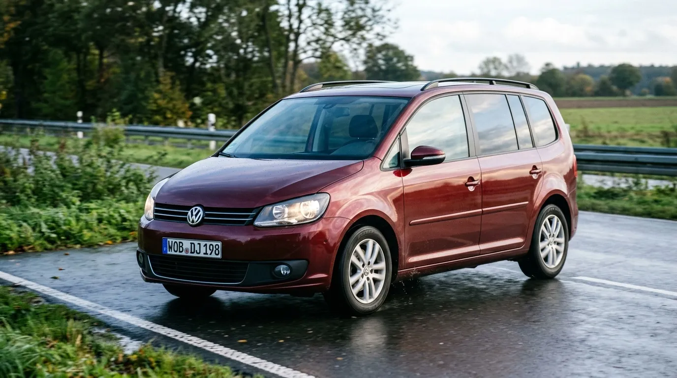 Monospace Volkswagen Touran rouge sur route campagne