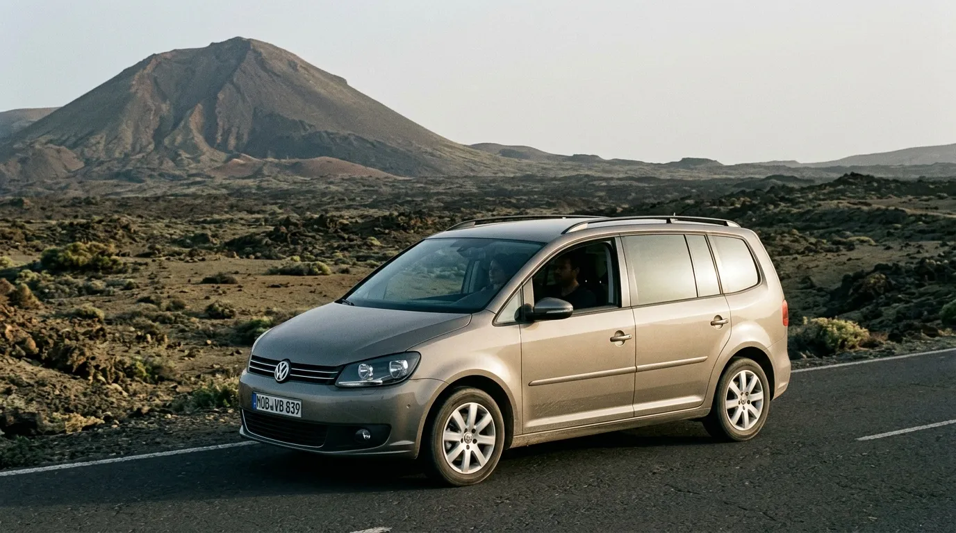Monospace Volkswagen Touran beige devant volcan