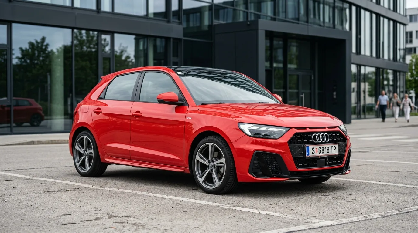 Audi A1 rouge stationnée devant immeuble contemporain