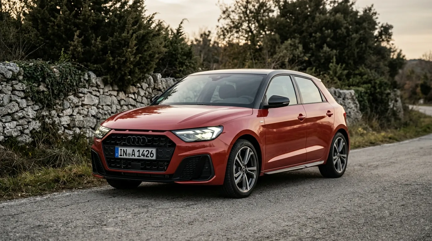 Audi A1 compacte rouge garée devant mur pierre