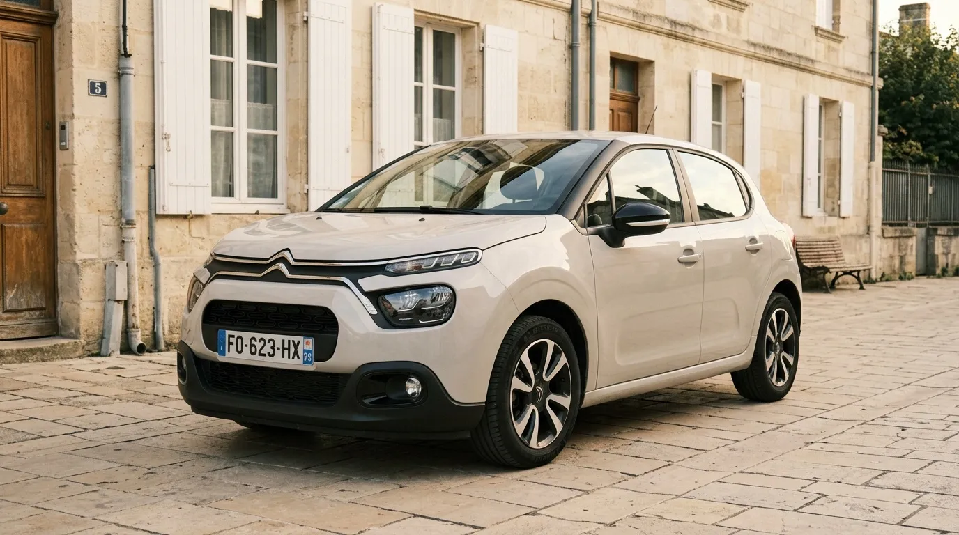 Voiture blanche Citroën C3 devant immeuble ancien