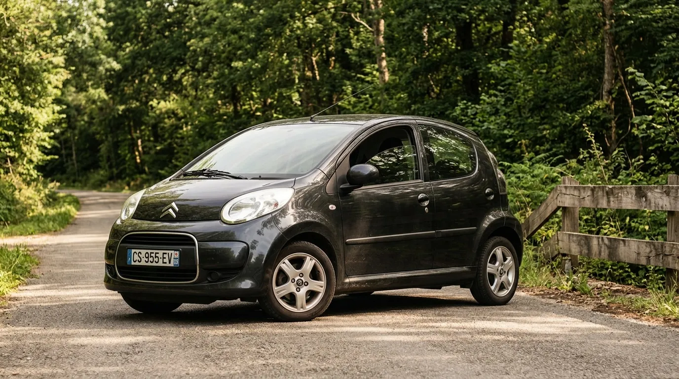 Voiture électrique noire garée sur route forestière