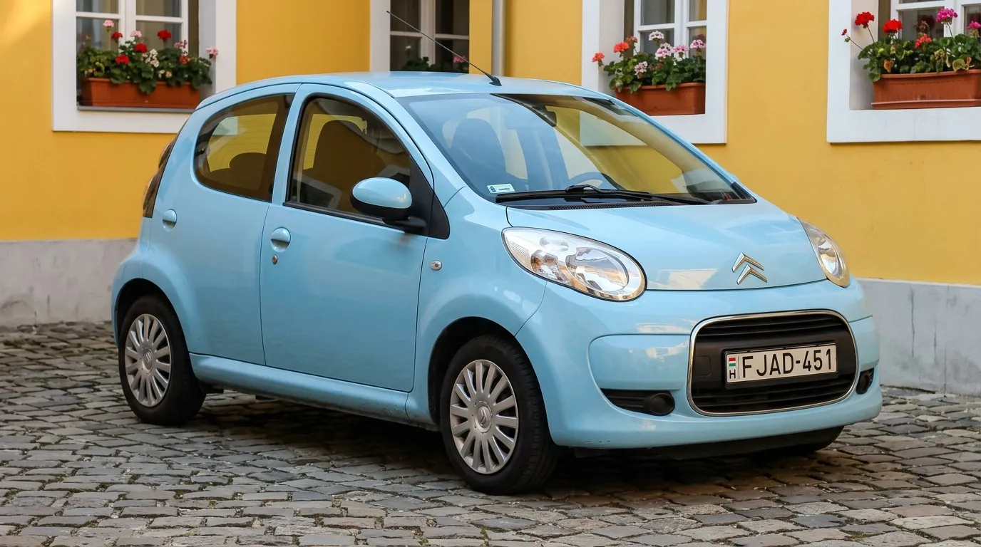 Petite voiture électrique bleue garée rue pavée
