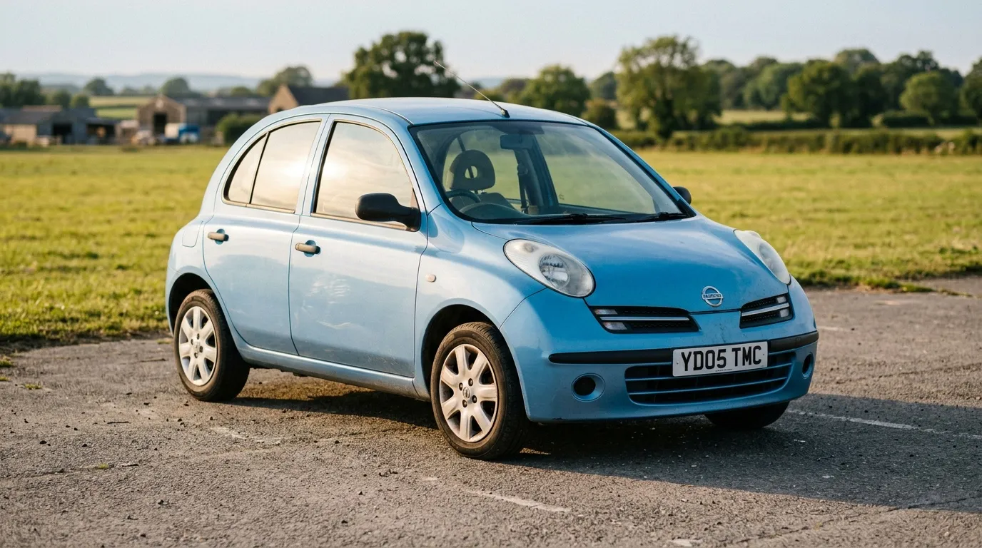 Voiture Nissan Micra bleue stationnée dans champ rural