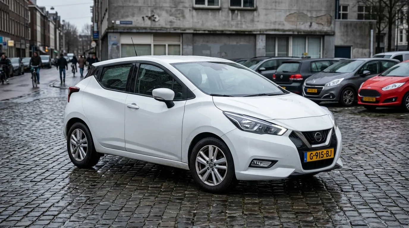 Voiture blanche Nissan Micra stationnée place pavée ville
