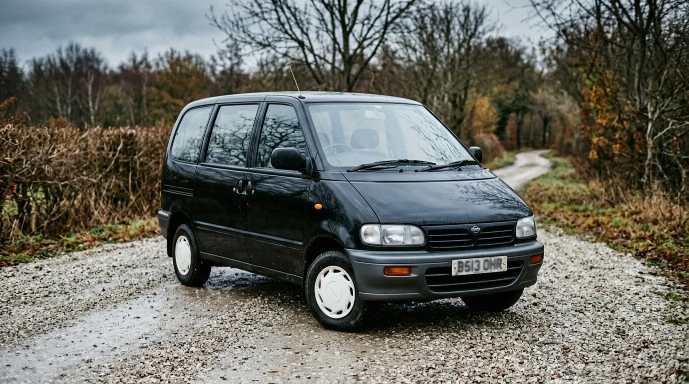 Monospace noir Nissan Serena stationné chemin graviers automne