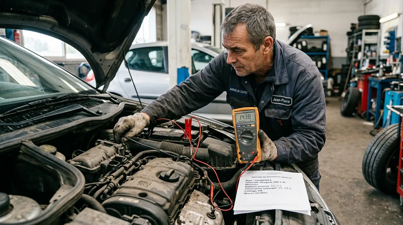 M&eacute;canicien testant batterie voiture avec multim&egrave;tre