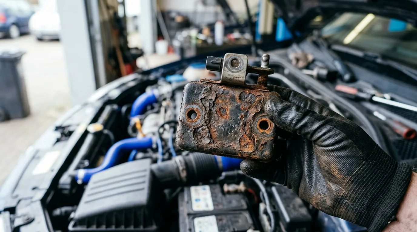 M&eacute;canicien tenant composant moteur corrod&eacute; en atelier automobile