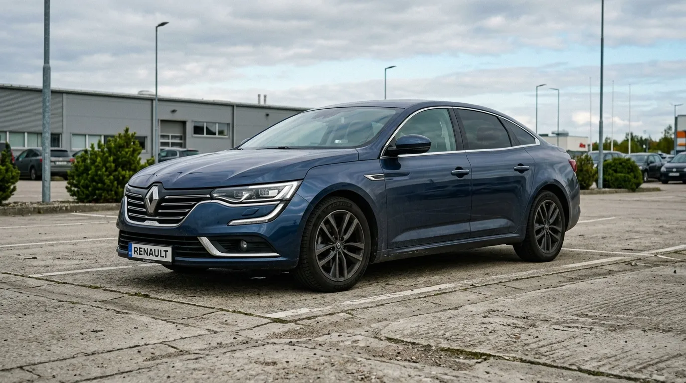 Renault Talisman berline bleue sur parking industriel