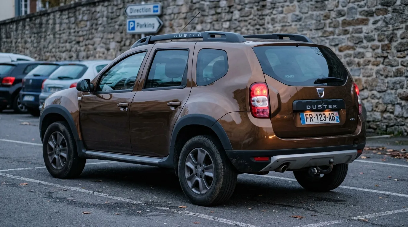 Voiture Dacia Duster marron stationn&eacute;e pr&egrave;s d'un mur pierre
