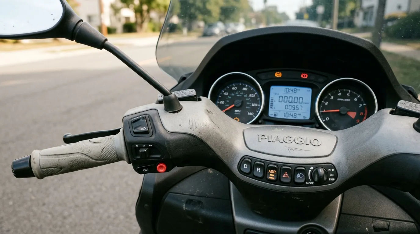 Cockpit d'un scooter Piaggio avec compteurs et commandes