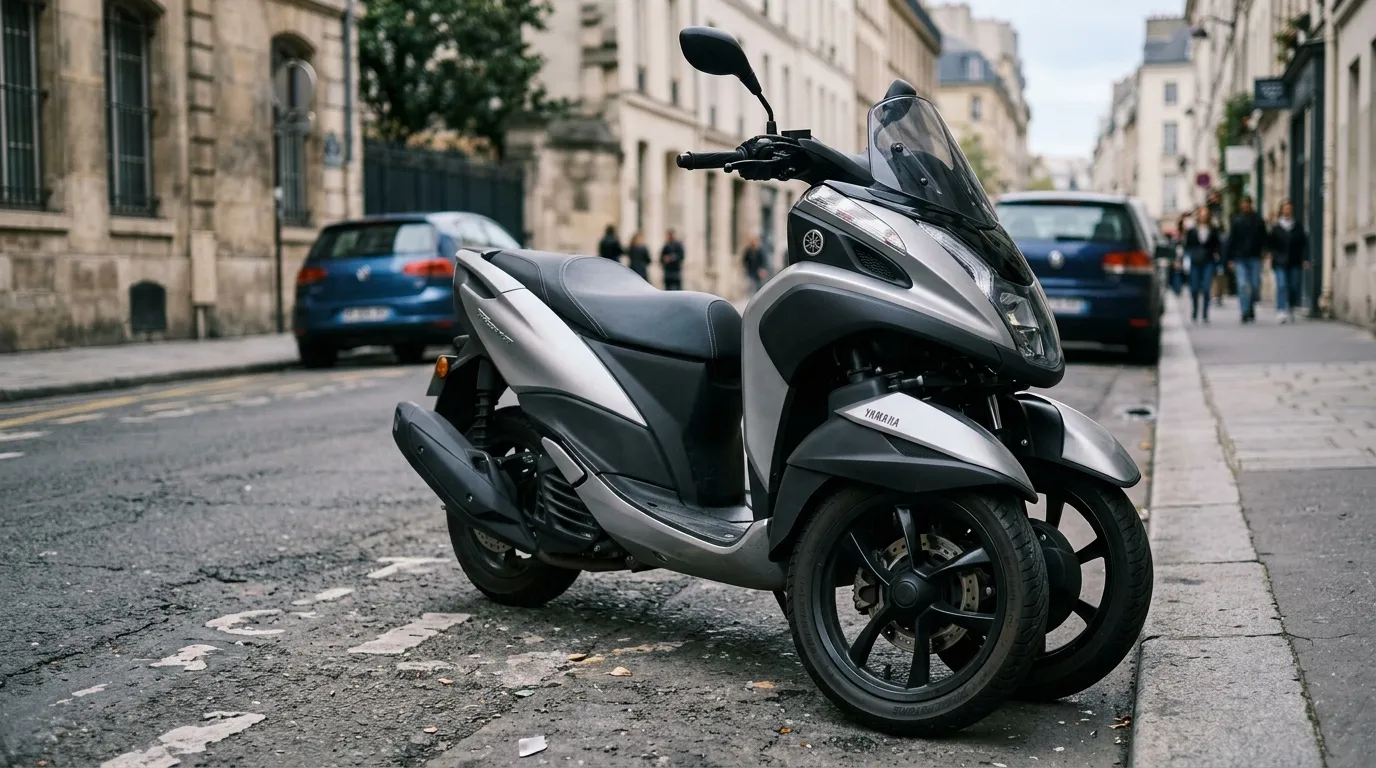 Scooter blanc et noir Yamaha garé rue pavée Paris
