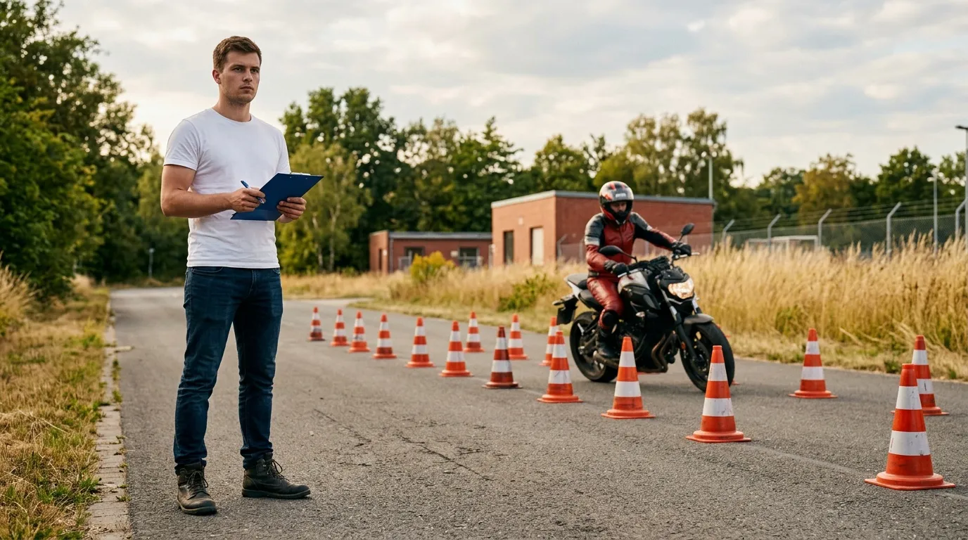 Instructeur observe motocycliste effectuant parcours cônes