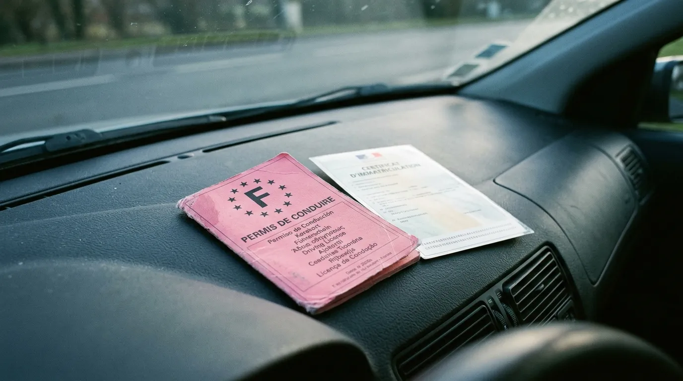 Permis rose et documents sur tableau de bord automobile
