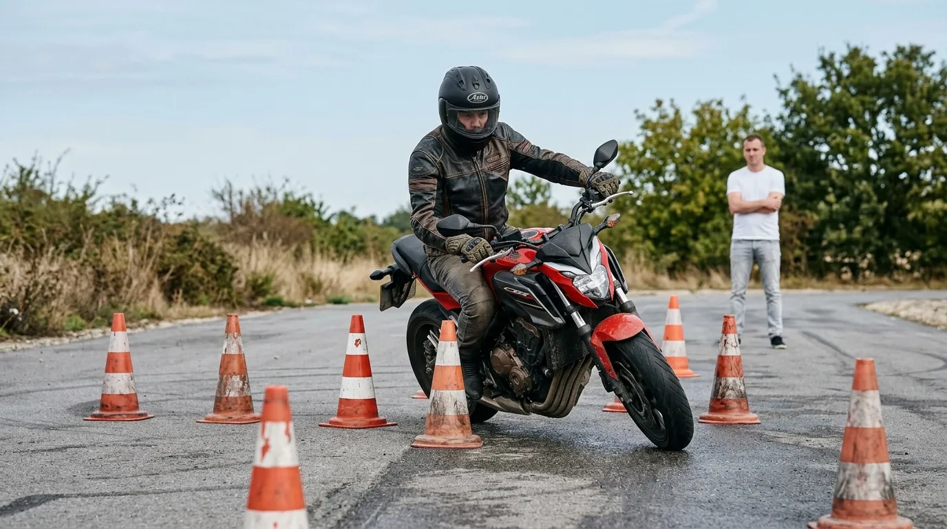 Motard en équipement navigant entre cônes orange sur route