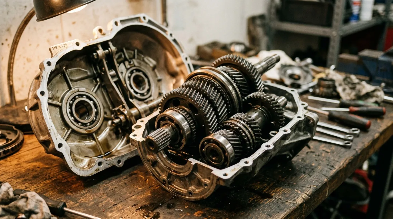 Composants internes d'une transmission automobile en atelier de r&eacute;paration