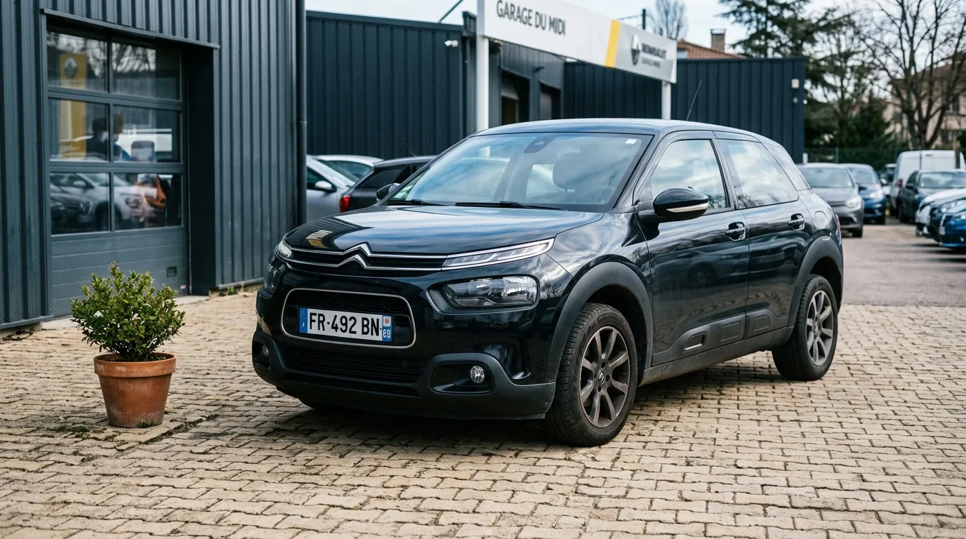 SUV noir Citroën électrique devant garage automobile