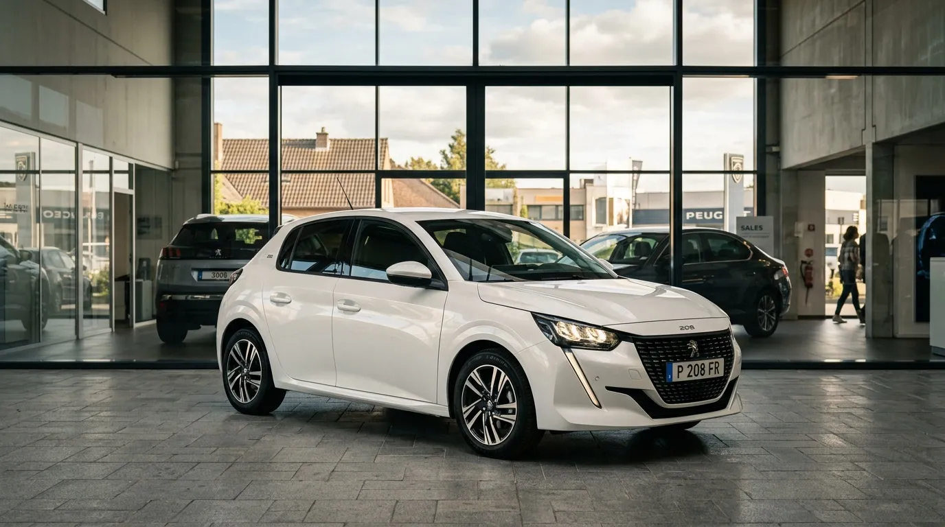 Voiture blanche Peugeot 208 exposée dans un showroom automobile