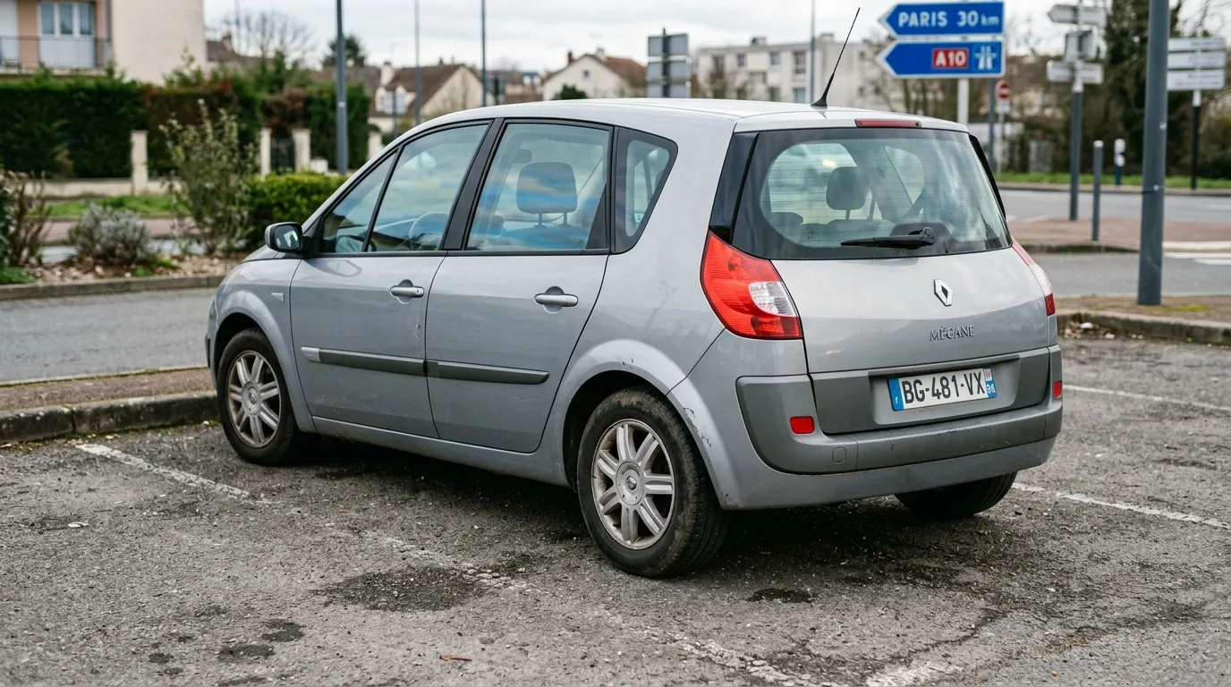 Voiture Renault Mégane grise stationnée rue, panneau Paris visible