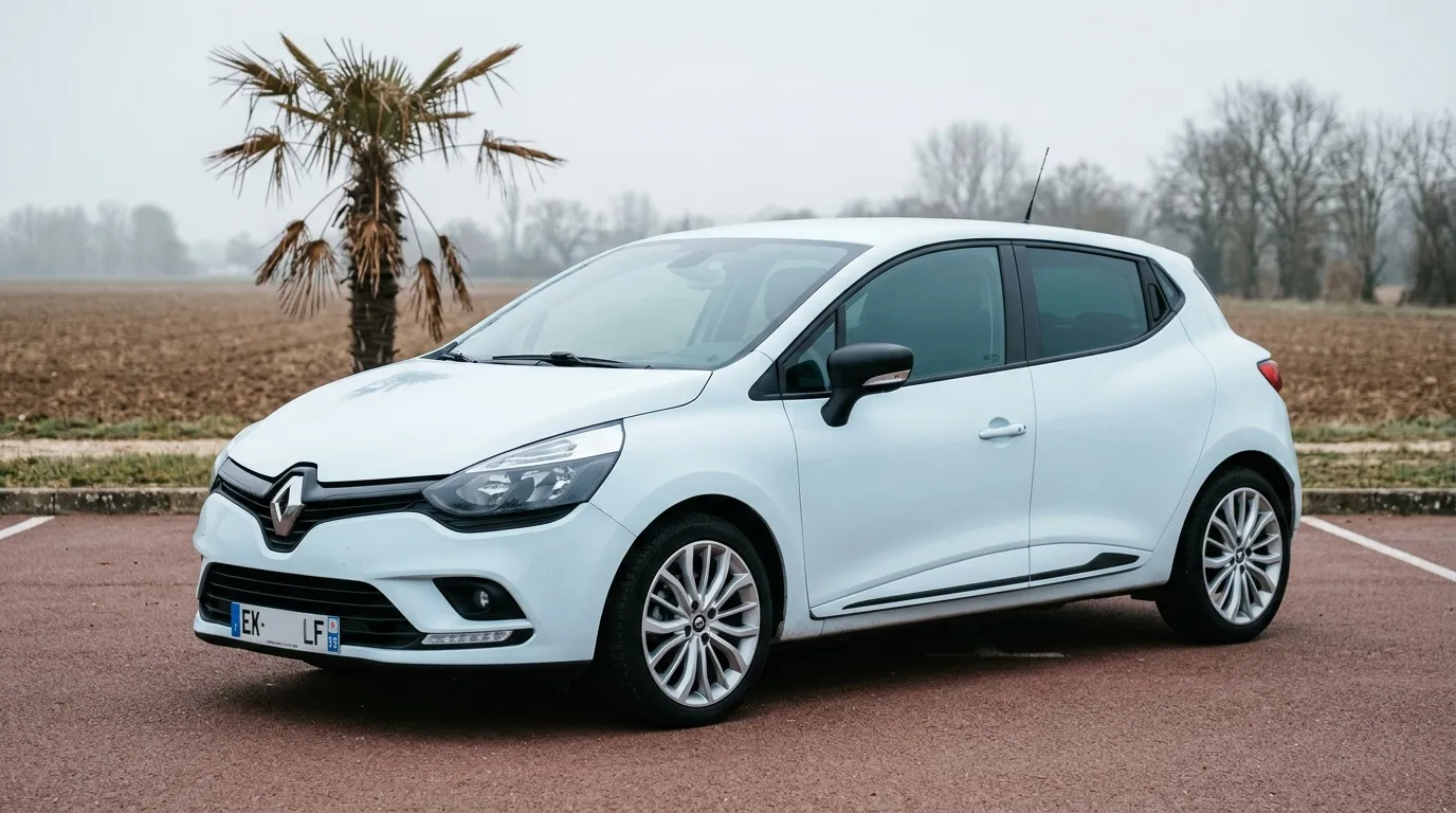 Renault Clio blanche stationnée sur route rurale