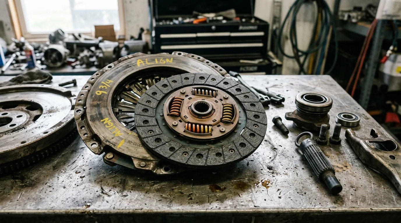 Disque d'embrayage us&eacute; sur &eacute;tabli atelier m&eacute;canique