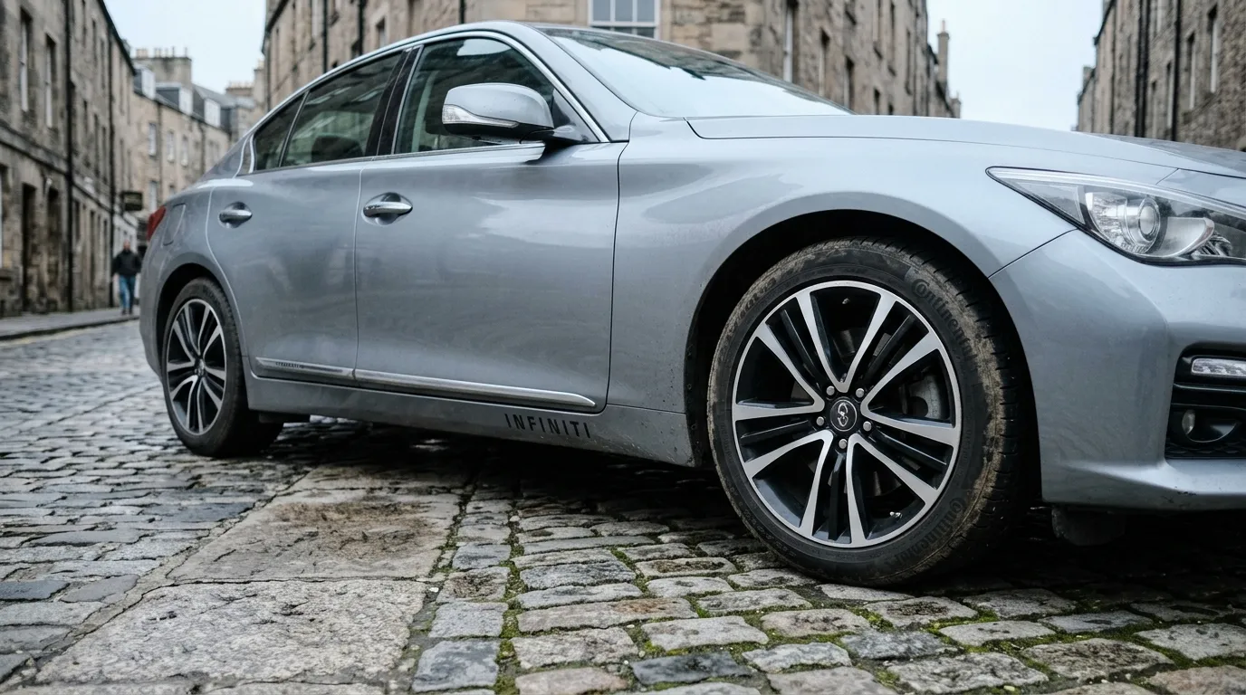 Voiture berline grise Infiniti gar&eacute;e rue pav&eacute;e Edinburgh