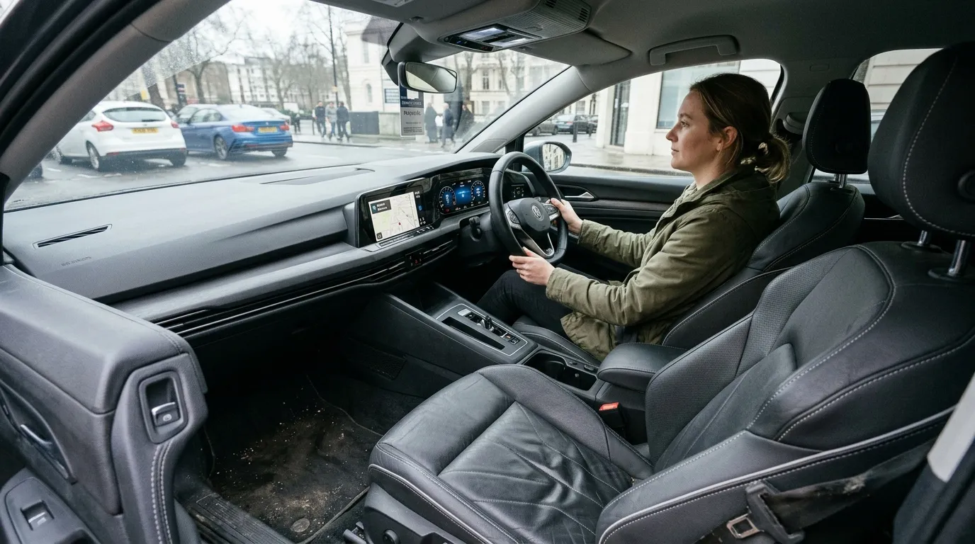 Femme conduisant voiture avec &eacute;crans tactiles num&eacute;riques