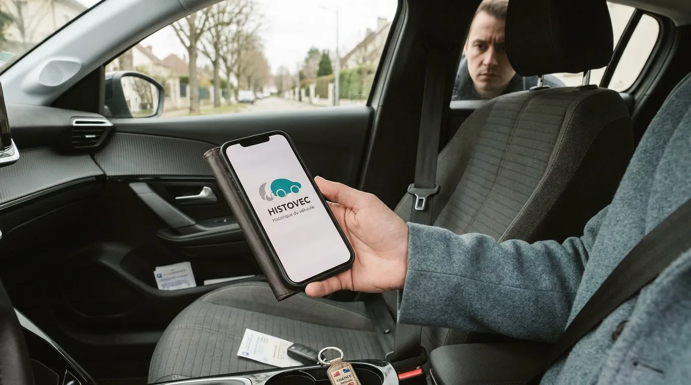 Homme affichant application HISTOVEC sur smartphone en voiture