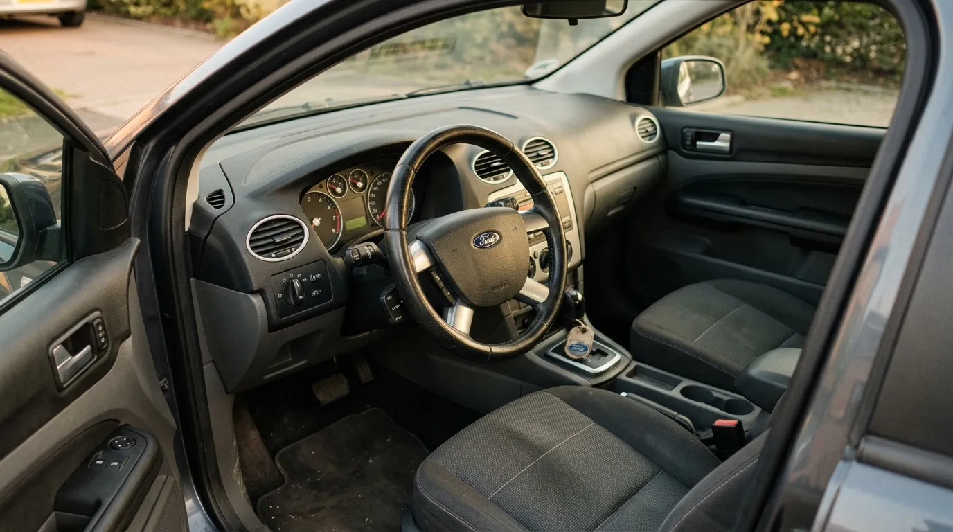 Habitacle Ford avec volant, tableau de bord et sièges noirs