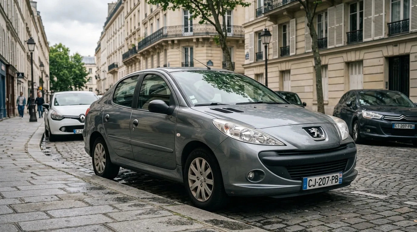 Voiture grise stationnée rue pavée parisienne, immeubles haussmanniens