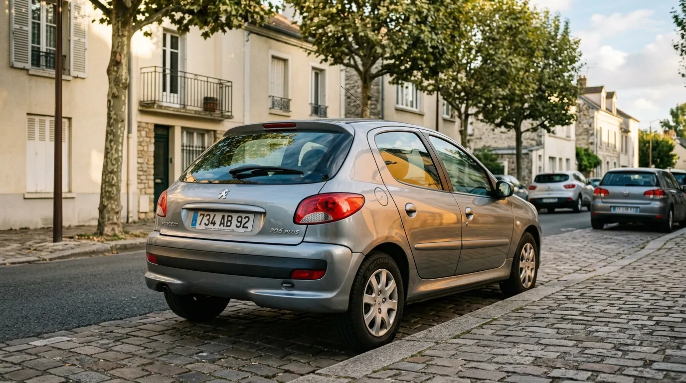 Voiture grise Peugeot 206 Plus stationnée rue pavée, quartier résidentiel