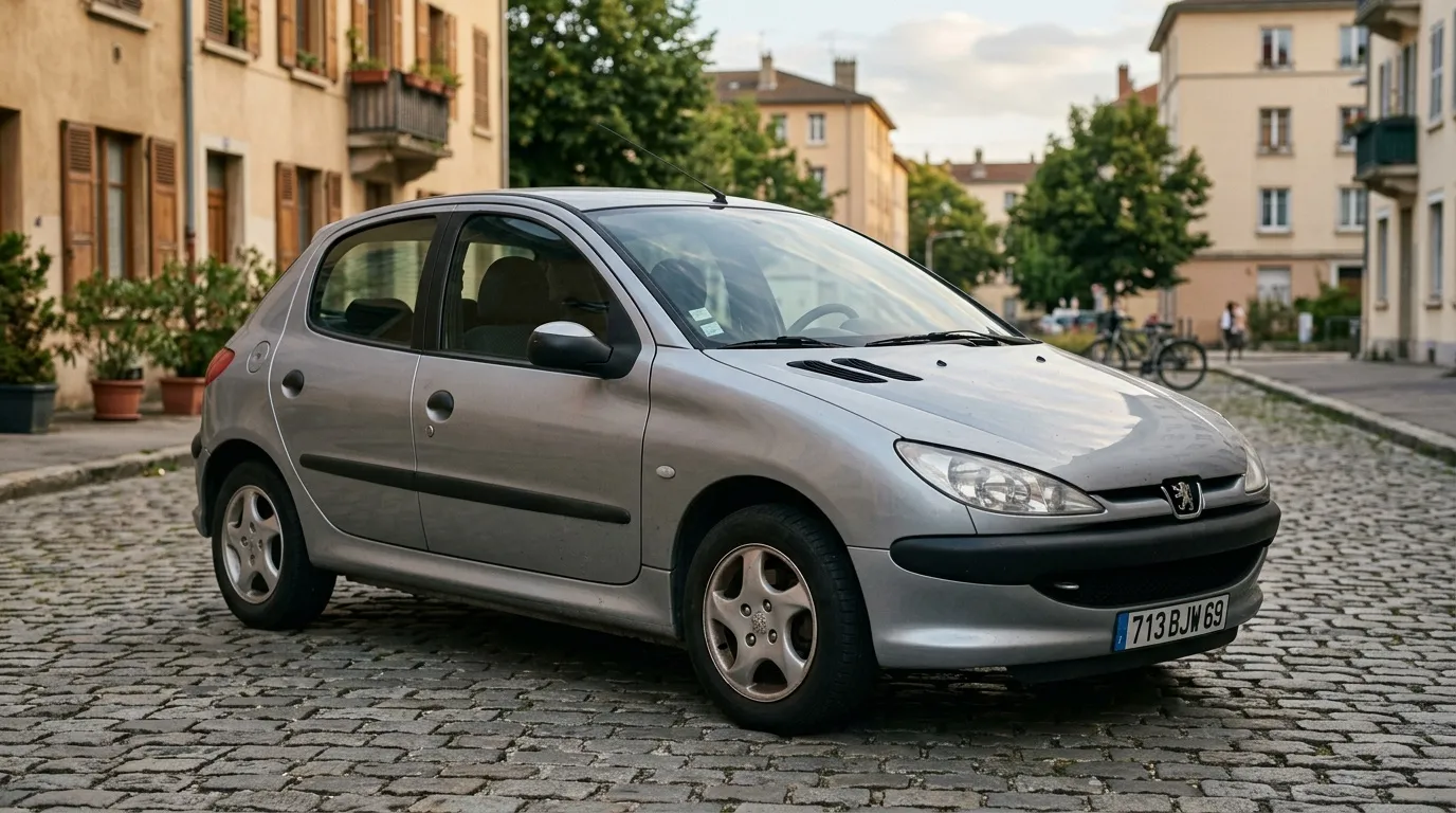 Voiture compacte grise garée dans une rue pavée européenne