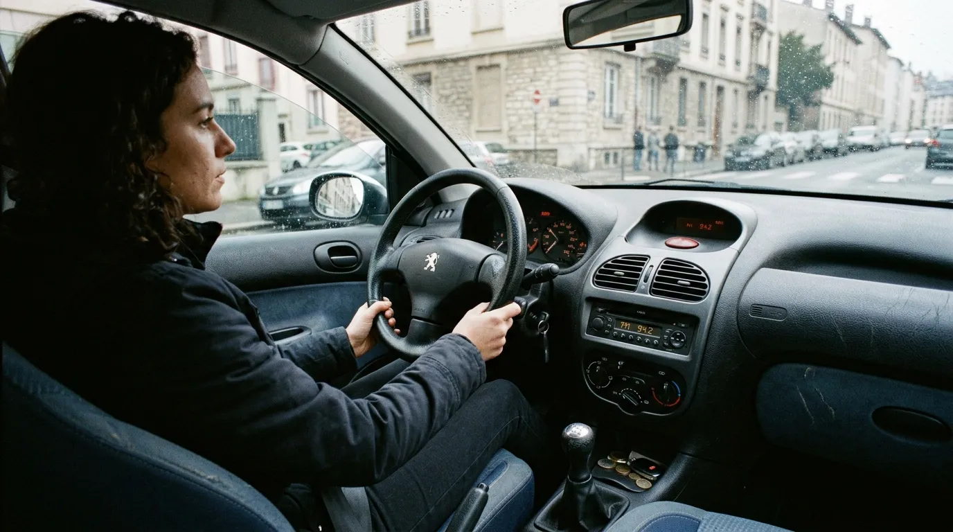 Femme conduisant une Peugeot dans une rue parisienne