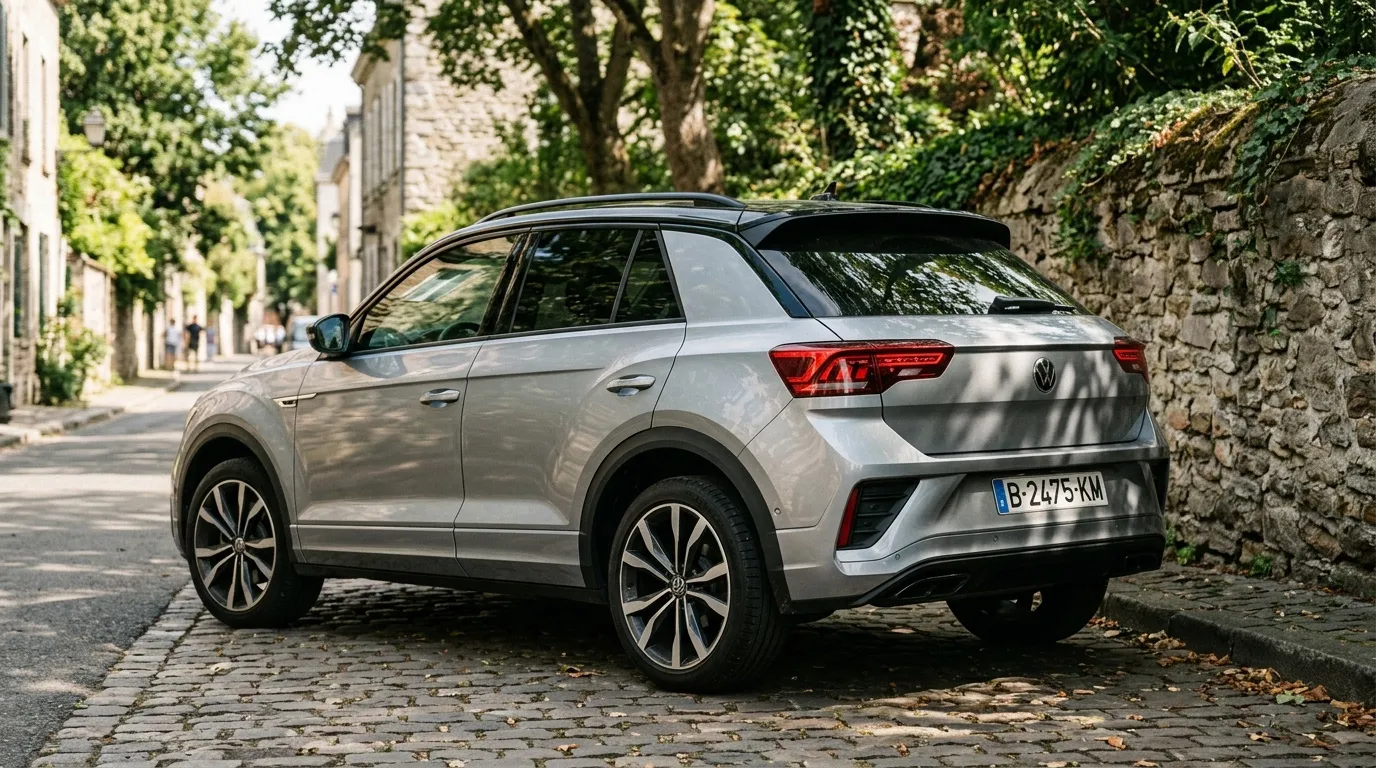 SUV Volkswagen gris stationn&eacute;e dans une rue pav&eacute;e historique