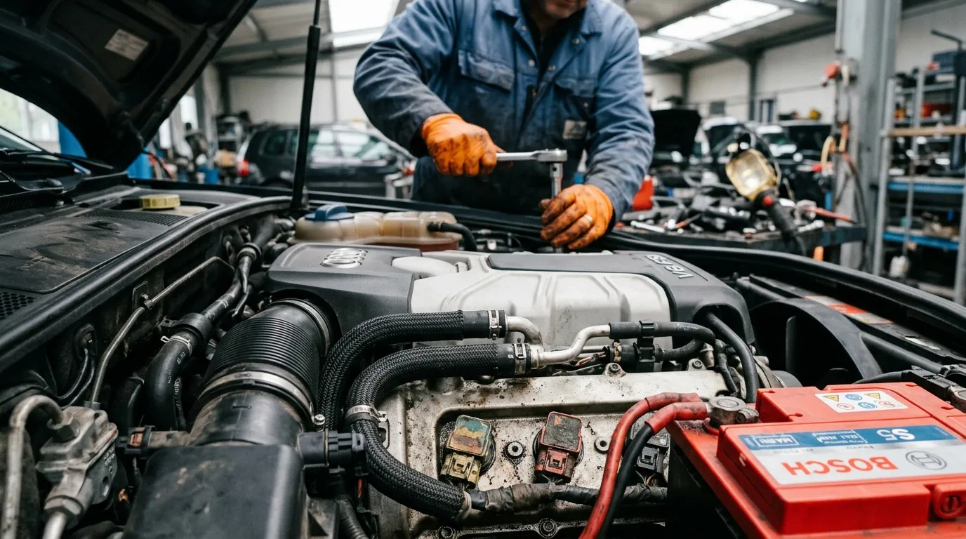Mécanicien en bleu répare le moteur d'une voiture en atelier.