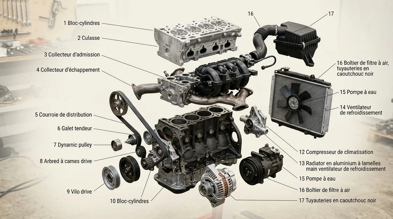 Éclatée des pièces principales d'un moteur de voiture avec étiquettes numérotées.