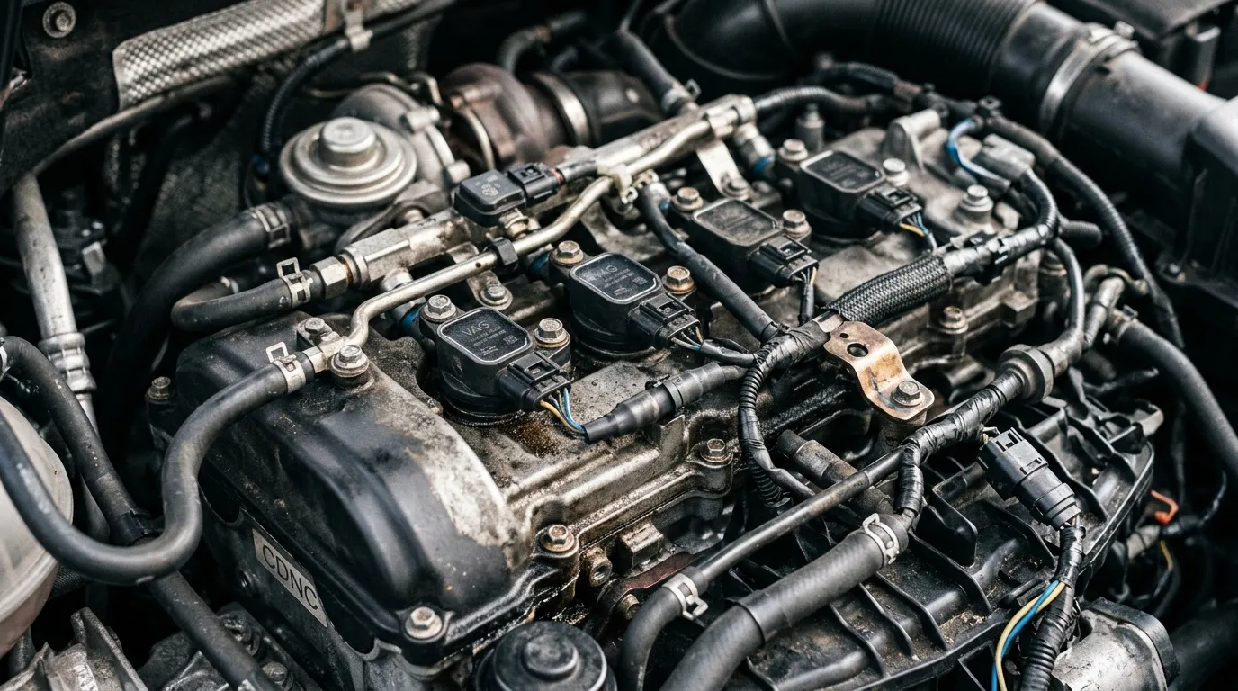 Moteur automobile avec bobines d'allumage et durite, &eacute;tat us&eacute;