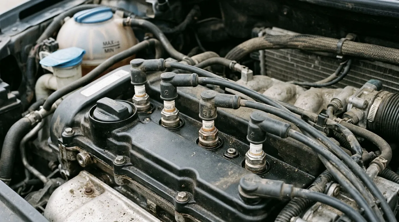 Gros plan sur bougies d'allumage NGK dans moteur automobile