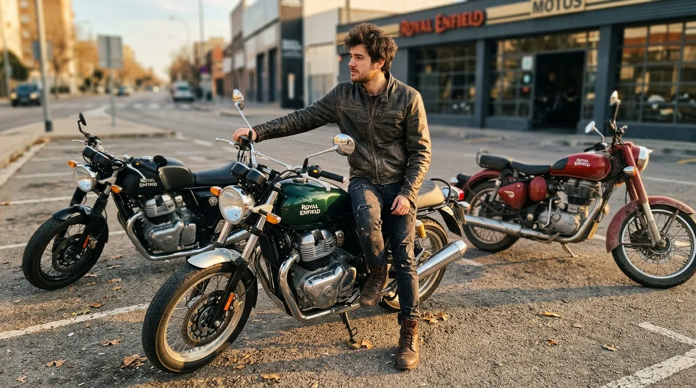 Homme en veste cuir posant sur moto Royal Enfield verte