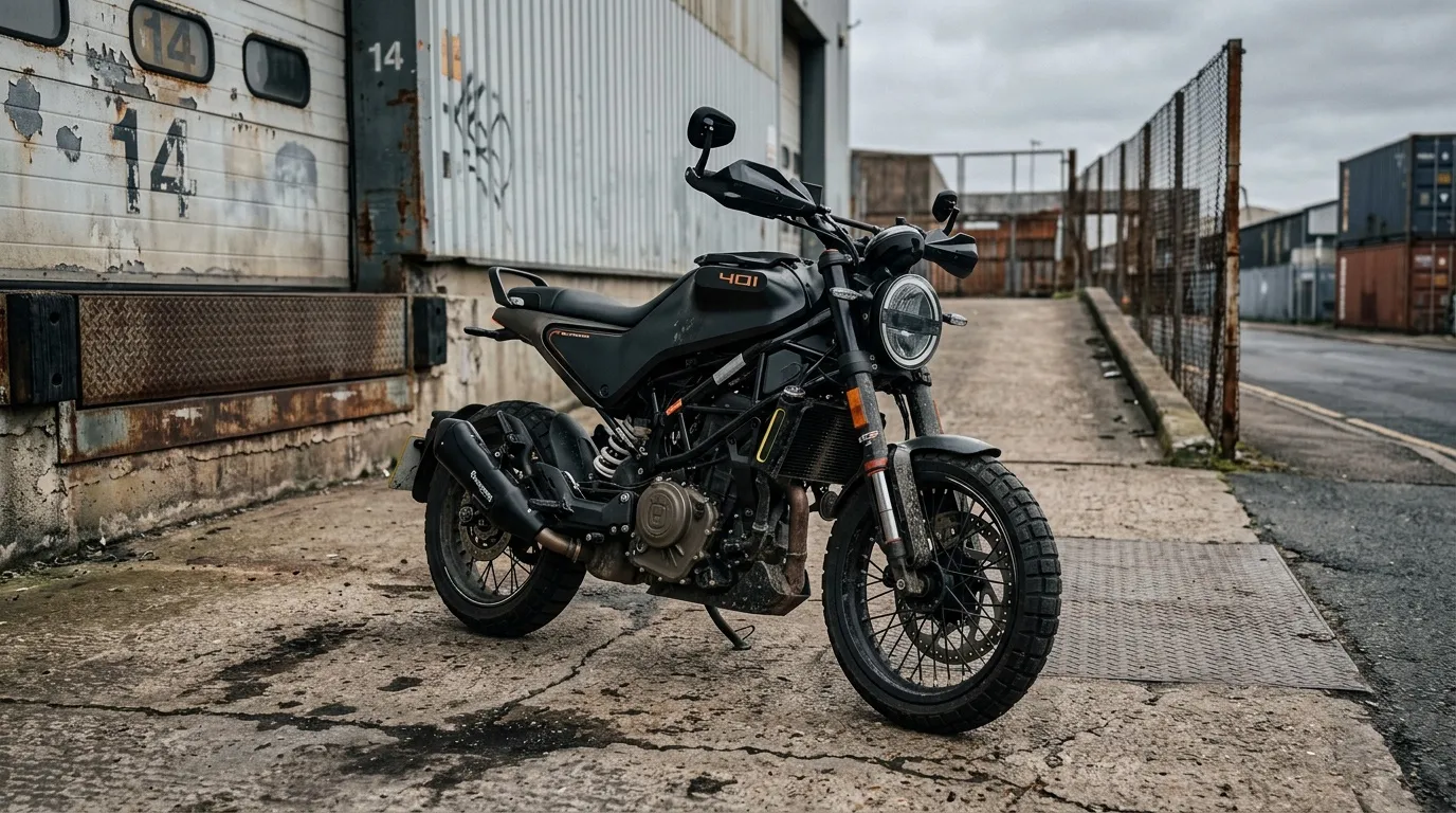Motocyclette noire garée devant conteneurs de transport