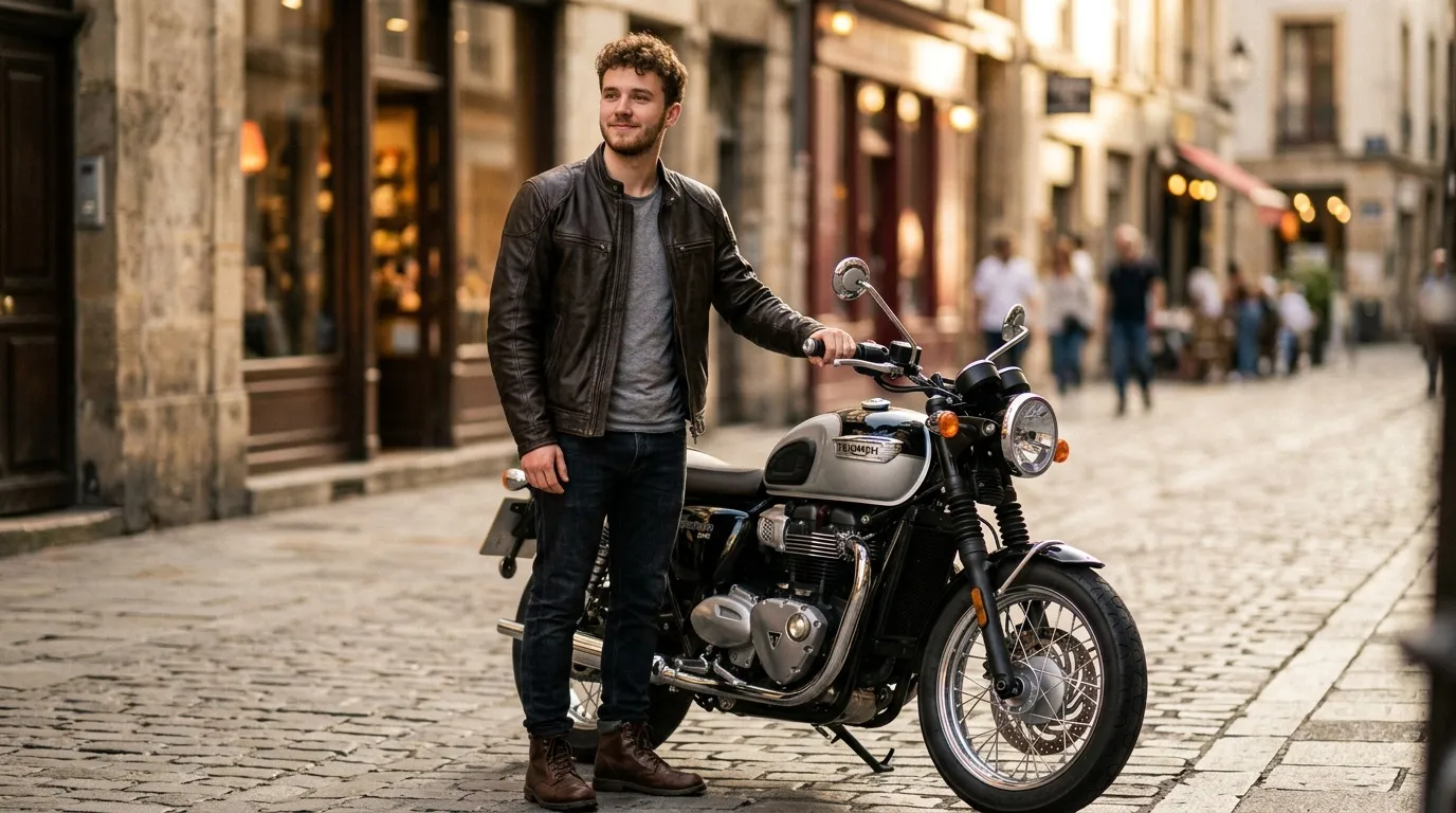Homme en blouson cuir posant avec sa moto vintage en rue pavée