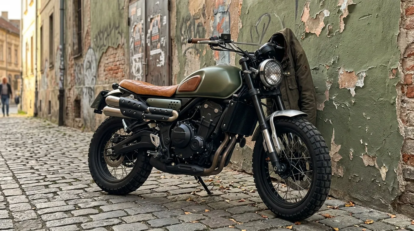 Motocyclette custom kaki stationnée dans une ruelle pavée