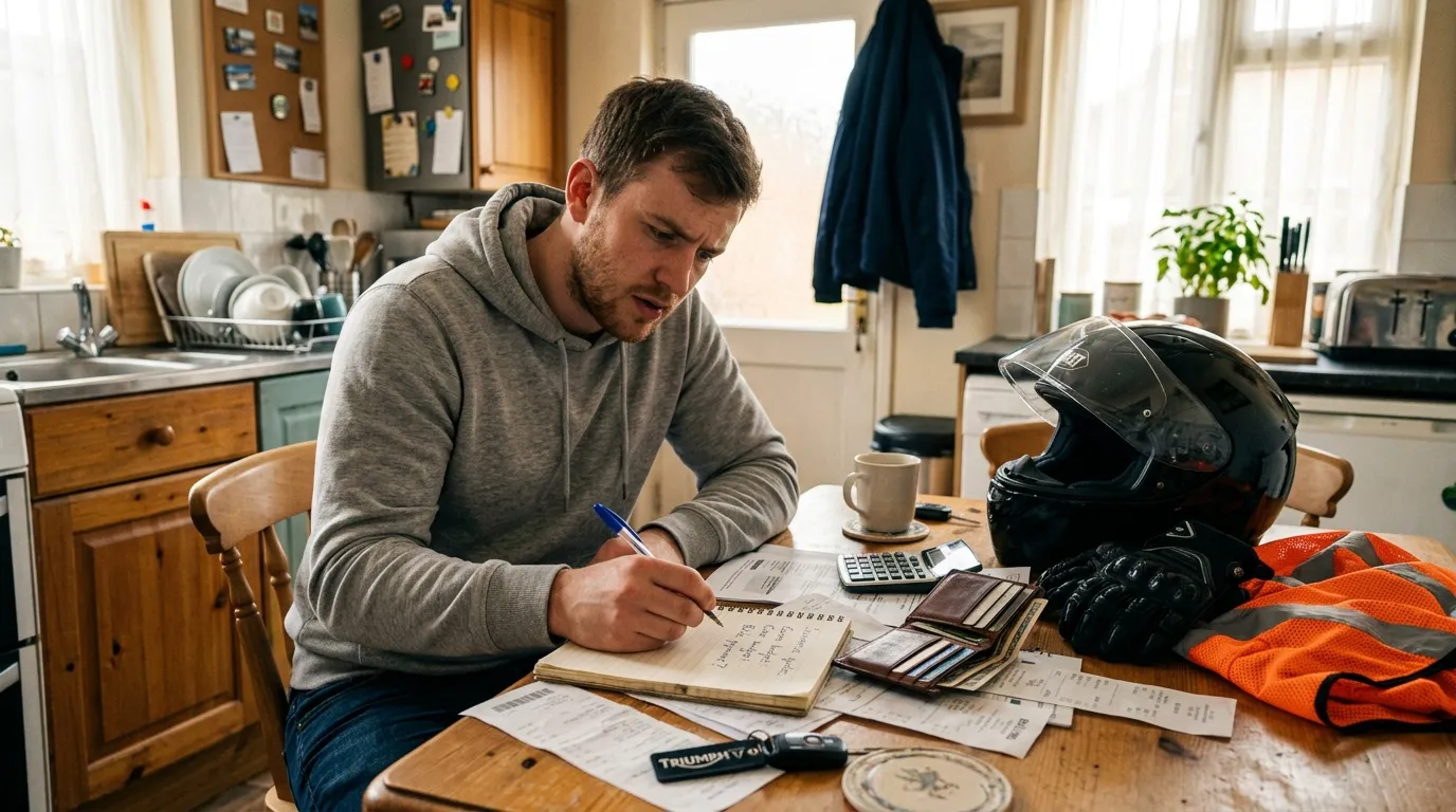 Homme écrivant à table avec casque et équipement moto