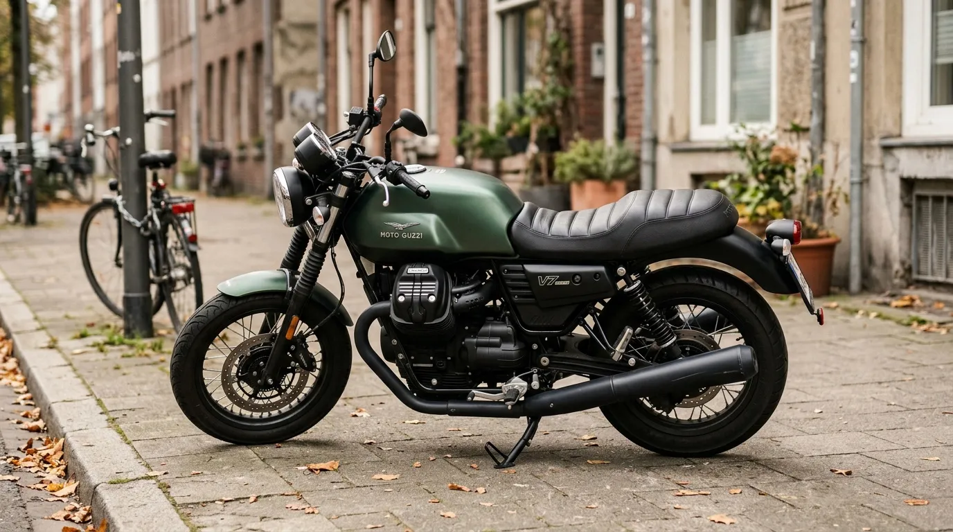 Moto Guzzi verte garée sur pavés en zone urbaine
